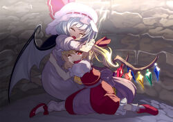  2girls ascot back_bow bat_wings blonde_hair blue_hair bow collared_shirt commentary_request crystal crystal_wings day fang flandre_scarlet frilled_shirt_collar frills hat hat_ribbon mob_cap multicolored_wings multiple_girls one_eye_closed one_side_up open_mouth pink_bow pink_hat pink_shirt pink_skirt puffy_short_sleeves puffy_sleeves red_eyes red_shoes red_skirt red_vest remilia_scarlet ribbon shadow shirt shoes short_sleeves skirt skirt_set socks syope tearing_up touhou vampire vest white_hat white_shirt white_socks wings yellow_ascot 