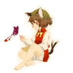  barefoot brown_hair butterfly cat_ears cat_tail chen earrings feet hat highres hikarinoko jewelry multiple_tails red_eyes short_hair tail touhou 