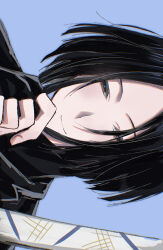  1boy black_eyes black_gloves black_hair blue_background close-up closed_mouth commentary fingerless_gloves gloves hair_between_eyes half-closed_eyes hand_up highres holding holding_sheath koko85594 limbus_company looking_at_viewer male_focus narrowed_eyes parted_bangs portrait project_moon ren_(project_moon) sheath short_hair sideways simple_background smile solo sword untranslatable_commentary weapon 