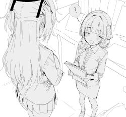  2girls ? blue_archive blush braid_over_shoulder closed_eyes collared_shirt female_sensei_(blue_archive) greyscale highres holding holding_paper kneehighs long_hair monochrome multiple_girls open_mouth paper paper_on_head pleated_skirt sensei_(blue_archive) shirt skirt smile socks spoken_question_mark standing two_side_up xipa yuuka_(blue_archive) 