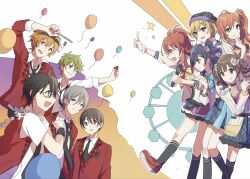  5boys 5girls akiyama_hayato arisugawa_natsuha balloon black_hair black_headband black_necktie black_socks blonde_hair blue_hair blue_skirt commentary fuyumi_jun glasses green_hair grey_hair headband highres holding holding_microphone idolmaster idolmaster_shiny_colors idolmaster_side-m in-franchise_crossover iseya_shiki jacket komiya_kaho lapels microphone morino_rinze multicolored_hair multiple_boys multiple_girls necktie nnnn notched_lapels orange_hair pink-framed_eyewear pink_streaks plaid_clothes plaid_lapels red_jacket saijo_juri sakaki_natsuki semi-rimless_eyewear short_hair side_ponytail skirt smile socks sonoda_chiyoko star_(symbol) streaked_hair twintails under-rim_eyewear untranslatable_commentary wakazato_haruna 