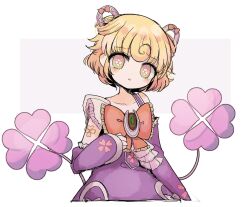  1girl blonde_hair blush butter_run clover clover-shaped_pupils clover_print commentary_request detached_sleeves dress hair_ornament highres magical_girl mahou_shoujo_ikusei_keikaku mahou_shoujo_ikusei_keikaku_aces multicolored_eyes premium_sachiko purple_dress short_hair symbol-shaped_pupils 