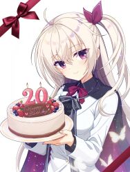 1girl ahoge akizuki_kanna birthday_cake black_cape black_shirt blueberry blush bow bowtie bug butterfly cafe_stella_to_shinigami_no_chou cake cape closed_mouth commentary_request eyes_visible_through_hair food fruit glowing_butterfly grey_hair hair_between_eyes hair_bow hands_up happy happy_birthday heart highres holding holding_cake holding_food jacket light_particles long_hair long_sleeves looking_at_viewer nerd0817 one_side_up red_bow red_bowtie red_cape red_eyes shirt simple_background smile solo strawberry two-sided_cape two-sided_fabric upper_body very_long_hair white_background white_jacket yellow_butterfly 