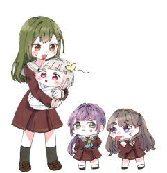  4girls :< :3 aqua_neckerchief baby_carry black_socks bob_cut brown_dress brown_eyes brown_hair brown_shoes bug butterfly butterfly_on_head carrying chibi commentary_request crossed_arms diagonal_bangs dress fujishima_megumi green_eyes green_hair grey_hair hair_ornament hairclip hasu_no_daisankaku hasu_no_sora_school_uniform inverted_bob jitome loafers long_hair long_sleeves love_live! love_live!_hasu_no_sora_jogakuin_school_idol_club low_ponytail medium_dress moso_(expect66) multicolored_hair multiple_girls neckerchief official_alternate_hairstyle ogami_sachi open_mouth otomune_kozue parallel_hairclips pink_eyes pleated_dress ponytail purple_hair red_hair red_streaks sailor_collar sailor_dress school_uniform shoes short_eyebrows short_hair sidelocks socks star_(symbol) star_hair_ornament streaked_hair sweatdrop thick_eyebrows tongue tongue_out two_side_up v-shaped_eyebrows violet_eyes virtual_youtuber white_sailor_collar winter_uniform yellow_butterfly yugiri_tsuzuri 