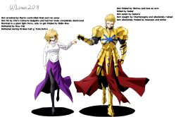  1boy 1girl absurdres ahoge antenna_hair arcueid_brunestud armor black_shoes blonde_hair breasts fate_(series) fist_bump gilgamesh_(fate) gold_armor highres jewelry large_breasts linus208 long_skirt long_sleeves red_eyes shoes short_hair skirt smile spoilers sweater tsukihime tsukihime_(remake) turtleneck turtleneck_sweater white_sweater 