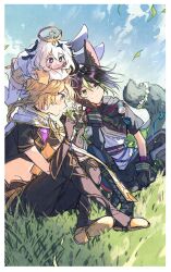  1girl 2boys aether_(genshin_impact) ahoge animal_ear_fluff animal_ears aqua_eyes arm_guards armor baggy_pants beads belt black_belt black_boots black_gloves black_hair black_hoodie black_pants black_shirt blonde_hair blue_eyes blue_scarf blue_sky blunt_ends blush boots border braid bright_pupils brown_belt closed_mouth clouds cloudy_sky commentary day feet_out_of_frame floating_clothes floating_hair flower flying fox_boy fox_ears fox_tail full_body genshin_impact gloves grass green_hair hair_between_eyes hair_ornament halo hand_on_own_face hands_up head_wreath highres holding holding_head_wreath hood hoodie leaf long_hair long_sleeves looking_at_object low-braided_long_hair low-tied_long_hair male_focus mechanical_halo midriff multicolored_hair multiple_belts multiple_boys navel open_mouth orange_gloves outdoors paimon_(genshin_impact) pants puffy_long_sleeves puffy_sleeves romper scarf shirt short_hair short_sleeves shoulder_armor single_braid single_thighhigh sitting sky spread_legs star-shaped_pupils star_(symbol) star_hair_ornament sweatdrop symbol-shaped_pupils tail tassel thigh-highs tighnari_(genshin_impact) turtleneck turtleneck_shirt two-sided_gloves two-tone_hair untranslatable_commentary v-shaped_eyebrows very_long_hair wani_(mezo) white_boots white_border white_flower white_hair white_pupils white_romper white_scarf white_shirt white_thighhighs wind yellow_eyes yellow_flower yellow_halo 