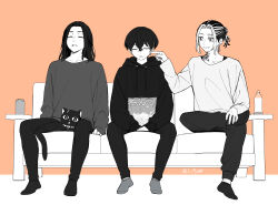  3boys absurdres animal baji_keisuke cat chips_(food) commentary_request couch earrings food full_body greyscale_with_colored_background hanemiya_kazutora highres hood hood_down hoodie i_fyuk jewelry long_sleeves male_focus matsuno_chifuyu multiple_boys on_couch pants sitting tokyo_revengers twitter_username 
