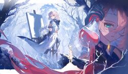  1boy absurdres albedo_(genshin_impact) aqua_eyes bare_tree black_boots black_gloves black_hood blonde_hair blood blue_shirt boots bouquet branch canvas_(object) closed_mouth coat collared_shirt commentary day dripping easel elbow_gloves english_commentary expressionless eyelashes flask flower forest from_behind genshin_impact gloves gold_trim grass hair_between_eyes hair_over_one_eye hand_up highres holding holding_bouquet holding_flask hood hood_down hooded_coat lab_coat log looking_at_viewer looking_back makisa_(wim) male_focus medium_hair multicolored_gloves multiple_views nature on_stool one_eye_covered outdoors parted_bangs parted_lips red_gloves rock round-bottom_flask scar scar_on_neck shirt short_sleeves sitting snow snowing stool thigh_boots tree two-tone_gloves white_coat white_flower winter 
