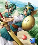  blue_eyes circlet dragon_quest dragon_quest_iv dual_persona female_hero_(dq4) green_hair hat hero_(dq4) heroine_(dq4) shield slime slime_(dragon_quest) sword tiara weapon 