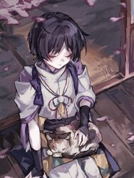  1boy animal animal_ears animal_nose armor black_bow black_hair black_ribbon black_sash blunt_ends blush bow branch carpet cat cat_ears cat_tail cherry_blossoms closed_eyes closed_mouth day detached_sleeves eyeshadow flower full_body genshin_impact highres house japanese_armor japanese_clothes kariginu kimono kote kurokote long_sleeves makeup male_focus multicolored_fur neck_ribbon official_alternate_costume on_floor open_door outdoors pants parted_bangs petals petting pink_flower pom_pom_(clothes) purple_bow purple_kimono red_eyeshadow red_ribbon ribbon sash scaramouche_(genshin_impact) scaramouche_(kabukimono)_(genshin_impact) seiza short_hair shouji sitting sliding_doors smile tail tree white_pants white_sleeves wide_sleeves wooden_floor yuno06144 