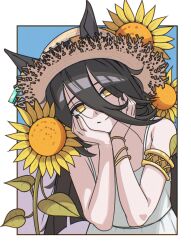  absurdres animal_ears bare_shoulders black_hair bracelet closed_mouth dress ears_through_headwear flower ghuler hair_between_eyes hands_on_own_cheeks hands_on_own_face hat highres horse_ears horse_girl jewelry long_bangs long_hair long_hair_between_eyes looking_at_viewer manhattan_cafe_(umamusume) smile solo straw_hat sun_hat sundress sunflower umamusume white_dress yellow_eyes 