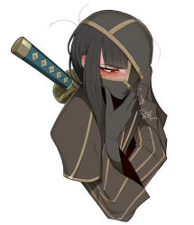  1girl absurdres black_gloves black_hair blush gloves half_mask hand_on_own_chin highres katana limbus_company long_hair mask misg1111 mouth_mask project_moon red_eyes ryoshu_(project_moon) simple_background striped_clothes sword weapon weapon_on_back white_background 