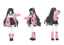  1girl absurdres ahoge altalune arm_at_side arm_up belt black_belt black_bow black_eyes black_hair black_shoes black_skirt blunt_bangs bow bow_legwear cardigan closed_mouth collared_shirt commentary dress_shirt english_commentary expressionless flat_color footwear_bow from_behind from_side full_body hair_bow hand_up heart heart_o-ring high-waist_skirt highres jirai_kei kneehighs long_hair looking_at_viewer loose_socks multiple_views o-ring o-ring_thigh_strap open_cardigan open_clothes original outstretched_arm pink_bow pink_cardigan pink_socks pleated_skirt profile shirt shoes sidelocks simple_background skindentation skirt sleeve_bow sleeves_past_wrists socks standing thigh_strap two_side_up very_long_hair white_background white_shirt 