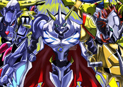  absurdres armor blue_armor blue_background blue_eyes blurry blurry_background claw_(weapon) commentary_request cowboy_shot cyborg digimon digimon_(creature) dragon evolutionary_line green_eyes group_picture helmet highres horns metalgarurumon natriumna01 omegamon red_eyes red_hair short_hair shoulder_armor wargreymon weapon wolf yellow_armor 
