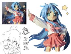  1girl :3 :d ahoge arm_up blue_hair chocolate_cornet comedic_sweatdrop cropped_legs figure food green_eyes hand_on_own_hip highres holding holding_food izumi_konata licking licking_food long_hair long_sleeves lucky_star midriff midriff_peek mole mole_under_eye neckerchief open_mouth photo-referenced photo_inset pink_neckerchief pink_sailor_collar pink_skirt pleated_skirt pointing pointing_up ryouou_school_uniform sailor_collar school_uniform serafuku shirt simple_background skirt smile star_(symbol) tongue tongue_out urumia very_long_hair white_background white_shirt white_trim 