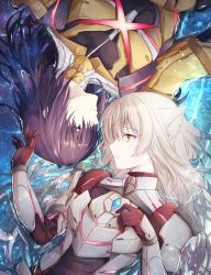 1boy 1girl animal_ear_fluff animal_ears armor armored_bodysuit black_bodysuit black_hair blue_eyes bodysuit breastplate brown_eyes brown_gloves cat_ears chest_jewel closed_mouth commentary_request core_crystal_(xenoblade) couple gloves grey_hair hair_spread_out highres long_hair looking_at_another lying m_(xenoblade) n_(xenoblade) partially_submerged profile smile ui_frara very_long_hair water xenoblade_chronicles_(series) xenoblade_chronicles_3 