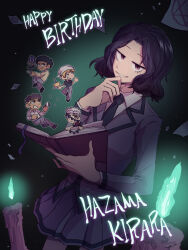  1girl 4boys ansatsu_kyoushitsu birthday_cake black_hair black_necktie blonde_hair book cake candle character_name closed_mouth collared_shirt commentary_request food gift grey_pants grey_skirt grin happy_birthday hazama_kirara headband highres holding holding_book holding_party_popper horibe_itona korean_commentary kunugigaoka_middle_school_uniform m_uramatsu_takuya mixed-language_commentary multiple_boys muramatsu_takuya necktie pants party_popper school_uniform shirt skirt smile solo_focus terasaka_ryouma violet_eyes white_hair white_shirt yellow_eyes yoshida_taisei 