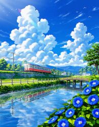  blue_flower blue_sky bridge building clouds commentary_request cumulonimbus_cloud day fence flower highres house mountainous_horizon no_humans original outdoors power_lines reason_(mark-of-the-unicorn) reflection reflective_liquid river rural scenery sky sunlight train 