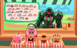  1girl armor bottle burger can car-mouth_cake chicken_(food) chicken_leg chicken_nuggets chili_pepper commentary company_connection counter crossover cup disposable_coffee_cup disposable_cup drink_can drinking_straw energy_drink_(kirby) english_commentary food french_fries grass green_armor hat ketchup_bottle kirby kirby_(series) kirby_and_the_forgotten_land kirby_burger maxim_tomato metroid metroid_ravenous metroid_suit mustard_bottle pancake pasta pie pizza plate power_armor power_suit_(metroid) red_assault_visor samus_aran shaded_face soda_can spaghetti speech_bubble spoken_object sweat taco too_much_food white_hat wizardofrank 