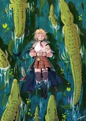  1girl absurdres afloat alligator blonde_hair breasts cape closed_eyes commentary crocodilian crocodilian_tail english_commentary facial_hair fish flower freckles from_above hair_ornament handlebar_mustache happy highres hololive hololive_english lily_(flower) logiies monocle mustache own_hands_together pocket_watch river shirt shoes short_hair skirt smile tail thigh-highs thigh_strap virtual_youtuber watch watson_amelia watson_amelia_(1st_costume) 
