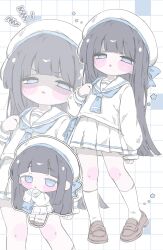  1girl :o annoyed bag black_hair blue_bag blue_bow blue_eyes blue_neckerchief blue_ribbon blunt_bangs blunt_ends blush blush_stickers bow chibi chibi_inset commentary full_body grid_background half-closed_eyes hat highres holding izumi_(yura_izumi) kneehighs loafers long_hair long_sleeves looking_at_viewer multiple_views neckerchief no_pupils open_mouth original pleated_skirt puffy_long_sleeves puffy_sleeves ribbon sailor_collar sailor_hat school_bag school_uniform serafuku shirt shoes shoulder_bag skirt sleeves_past_wrists socks squiggle standing star_(symbol) untranslatable_commentary very_long_hair white_hat white_sailor_collar white_serafuku white_shirt white_skirt white_socks zzz 