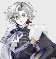  1boy 5g_ttt :o artist_name black_cape black_jacket blue_eyes bow cape commentary_request earrings frilled_shirt_collar frills fur-trimmed_cape fur_trim genshin_impact grey_background grey_hair hair_between_eyes highres illuga_(genshin_cafe_in_seoul)_(genshin_impact) illuga_(genshin_impact) jacket jewelry long_sleeves looking_at_viewer male_focus mole mole_under_eye multicolored_hair official_alternate_costume open_mouth parted_bangs purple_bow purple_ribbon red_hair ribbon shirt short_hair side_cape simple_background single_earring solo sparkle swept_bangs twitter_username two-tone_hair upper_body white_shirt 