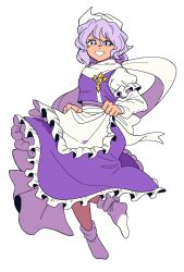  1girl apron apron_hold back_bow bow commentary_request frilled_skirt frills full_body hat highres lapel_pin letty_whiterock long_sleeves orange555_555 purple_hair purple_skirt purple_vest scarf shirt simple_background skirt socks solo touhou vest violet_eyes waist_apron white_apron white_background white_bow white_hat white_scarf white_shirt white_socks 
