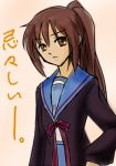  genderswap kyon kyonko lowres ponytail school_uniform solo suzumiya_haruhi_no_yuuutsu translated translation_request 