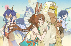  1other 2boys 3girls adjusting_eyewear amiya_(arknights) animal_ears arknights arknights:_endfield bag balloon blue_bag blue_eyes blue_hair braid breadgunn brown_hair ch'en_(arknights) chinese_commentary commentary_request day doctor_(arknights) dragon_bean_(arknights) dress endministrator_(arknights) female_endministrator_(arknights) hair_between_eyes hand_on_eyewear highres holding holding_phone holding_stuffed_toy hood hood_up hooded_jacket in-franchise_crossover jacket jewelry long_hair male_endministrator_(arknights) multiple_boys multiple_girls multiple_rings necklace official_alternate_costume open_mouth outdoors perlica_(arknights) phone profile rabbit_ears ring shirt short_hair side_braid sky smile stuffed_animal stuffed_rabbit stuffed_toy sunglasses talking_on_phone wang_(arknights) white_dress white_jacket white_shirt 