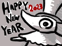  1boy 2023 black_eyes dated english_text excalibur_(soul_eater) feet frills gradient_background grey_background happy_new_year hat highres jacket neck_ruff new_year numbered ohkubo_atsushi pointy_nose solo soul_eater top_hat white_hat white_jacket 