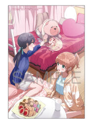  3girls bed blonde_hair blue_hair blue_sweater brown_jacket brown_pants brown_shirt brown_shorts checkerboard_cookie chocolate_chip_cookie chow_chow commentary_request cookie food gradient_hair hair_ornament highres hinoshita_kaho hinoshita_kaho_(summer_loungewear) holding holding_cookie holding_food hood hooded_jacket indoors jacket light_particles long_hair long_sleeves love_live! love_live!_hasu_no_sora_jogakuin_school_idol_club lying multicolored_hair multiple_girls murano_sayaka murano_sayaka_(summer_loungewear) on_back on_bed on_floor open_clothes open_jacket osawa_rurino osawa_rurino_(summer_loungewear) pants ponytail rabbit_hair_ornament sample_watermark second-party_source shirt short_hair short_ponytail shorts sitting star-shaped_cookie star-shaped_food star_(symbol) striped_clothes striped_jacket stuffed_animal stuffed_dog stuffed_toy sweater thumbprint_cookie tsumumi_(kandume103) virtual_youtuber wariza watermark white_shorts yokozuwari 