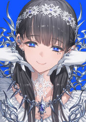  1girl absurdres black_hair blue_background blue_eyes blunt_bangs bright_pupils chain choker closed_mouth commentary_request dot_nose earrings fake_mole gloves hair_behind_ear hair_ornament hands_up highres jewelry long_hair looking_at_viewer makai_no_juumin multiple_earrings multiple_rings necklace original portrait ring simple_background smile solo spiked_necklace white_gloves 