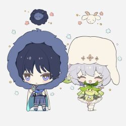  1boy 1girl aranara_(genshin_impact) arms_at_sides black_gloves black_hair blue_cape blunt_ends blush bright_pupils cape chibi chibi_only choppy_bangs closed_eyes closed_mouth commentary_request creature dress eyelashes facing_viewer fur_hood genshin_impact gloves goat gold_trim green_dress green_hat grey_hair grey_hood grey_shorts hands_on_own_hips hat holding holding_creature hood hooded_cape lion looking_to_the_side nahida_(genshin_impact) nahida_(nord_express)_(genshin_impact) official_alternate_costume open_mouth scaramouche_(genshin_impact) shirt shoes shorts socks standing turonn two-sided_cape two-sided_fabric two-sided_headwear ushanka violet_eyes wanderer_(genshin_impact) wanderer_(nord_express)_(genshin_impact) white_background white_cape white_dress white_hat white_pupils white_shirt white_shoes white_socks winter_clothes 