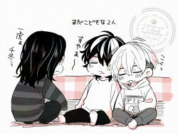  3boys adversarial_noise baji_keisuke chibi chibi_only chips_(food) commentary_request earrings food full_body greyscale hanemiya_kazutora highres i_fyuk jewelry long_hair male_focus matsuno_chifuyu monochrome multiple_boys short_hair simple_background sitting sleeping sleeping_together squatting tokyo_revengers watermark white_background 