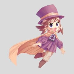  1girl :d a_hat_in_time blue_eyes blush boots brown_boots brown_hair brown_pants cape child commentary english_commentary full_body grey_background hat hat_kid hat_ribbon highres jacket long_sleeves medium_hair open_hands open_mouth pants ponytail purple_hat purple_jacket ribbon sidelocks smile solo top_hat very_long_cape waywardmoonn yellow_cape yellow_ribbon zipper_pull_tab 