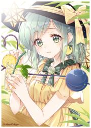  1girl :d alternate_costume black_hat border bow commentary_request cup disembodied_linked_eye drinking_glass drinking_straw flower food fruit fruit_earrings green_bow green_eyes green_flower green_hair green_rose haruki_(colorful_macaron) hat hat_bow hat_ribbon highres ice ice_cube komeiji_koishi lemon lemon_slice long_hair looking_at_viewer ribbon rose shirt short_sleeves smile solo touhou upper_body white_border yellow_bow yellow_ribbon yellow_shirt 