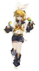  1girl belt black_sailor_collar black_shorts black_sleeves blonde_hair blue_eyes bow breasts commentary_request detached_sleeves full_body hair_bow hair_ornament hairclip headphones headset highres holding holding_instrument holding_maracas instrument kagamine_rin leg_warmers maracas neckerchief open_mouth parallel_hairclips sailor_collar shirt shoes short_hair shorts simple_background sleeveless sleeveless_shirt small_breasts standing standing_on_one_leg treble_clef vocaloid white_background white_bow white_shirt white_shoes xewitbrd yellow_belt yellow_neckerchief yellow_trim 