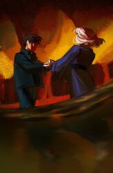  2boys black_hair blue_jacket blue_kimono blue_pants blue_sash deltarune floating_hair hmfd3727 holding_hands jacket japanese_clothes kimono lake male_focus medium_hair messy_hair multiple_boys official_alternate_costume pants parody partially_submerged sash scene_reference shade short_hair tohno_shiki tohno_shiki_(original) tree tsukihime utdr_(toby_fox) walking weird_route_(deltarune) white_hair wind wind_lift 