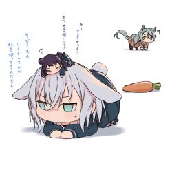  3girls absurdres animal_ears aqua_hair bang_dream! bang_dream!_girls_band_party! blue_eyes blue_serafuku blue_shirt blue_skirt blush brown_dress carrot chibi closed_eyes commentary dog_ears dog_girl dog_tail dress futaba_tsukushi green_eyes grey_hair hair_between_eyes hanasakigawa_school_uniform highres hikawa_sayo jitome kanade_(kanade_3344) kemonomimi_mode kurata_mashiro long_hair long_sleeves mini_person multiple_girls no_mouth pleated_dress pleated_skirt puff_of_air purple_hair rabbit_ears rabbit_girl rabbit_tail raccoon_ears raccoon_girl raccoon_tail sailor_collar school_uniform serafuku shirt short_hair simple_background skirt sweatdrop tail translation_request tsukinomori_school_uniform twintails white_background white_sailor_collar 