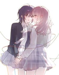  2girls black_cardigan black_hair cardigan commentary grey_necktie grey_skirt highres holding_hands interlocked_fingers long_hair long_sleeves multiple_girls naoi_(zenbu_kowashite_jigoku_de_aishite) necktie pink_hair plaid_clothes plaid_skirt pleated_skirt school_uniform shirt simple_background skirt unmoving_pattern untranslatable_commentary white_background white_shirt xioch7972291 yoshizawa_kurumi yuri zenbu_kowashite_jigoku_de_aishite 