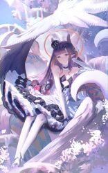  1girl absurdres black_gloves black_hat blue_eyes blunt_bangs closed_mouth clothing_cutout commentary cutout_above_navel day detached_sleeves dress english_commentary feathered_wings flat_chest floomf gloves gradient_hair halo hand_on_own_head hat highres hololive hololive_english layered_dress light_smile long_hair looking_at_viewer low_wings mini_hat multicolored_hair ninomae_ina'nis orange_hair outdoors panties pointy_ears purple_hair sidelocks single_detached_sleeve sitting sitting_on_branch sleeveless sleeveless_dress smile solo straight_hair strapless strapless_dress tentacle_hair tentacles tilted_headwear underwear very_long_hair virtual_youtuber white_dress white_panties white_sleeves white_wings wings 
