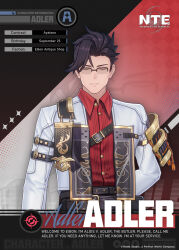  1boy adler_(nte) arm_behind_back black-framed_eyewear black_pants brown_hair character_name closed_eyes closed_mouth collared_shirt copyright_logo copyright_name copyright_notice glasses highres jacket logo male_focus neverness_to_everness official_art pants red_shirt shirt short_hair solo very_short_hair white_jacket 