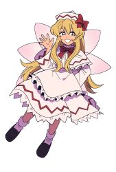  1girl arm_behind_back blonde_hair blue_eyes bow bowtie capelet commentary_request dress fairy fairy_wings grin hat hat_bow highres lily_white loafers long_hair long_sleeves looking_at_viewer multiple_wings orange555_555 pink_wings red_bow red_bowtie shoes simple_background smile socks solo touhou very_long_hair waving white_background white_capelet white_dress white_hat white_socks wide_sleeves wings 