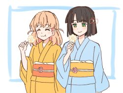  2girls :3 :t ^_^ black_hair blue_kimono blunt_bangs blunt_ends blush bob_cut cerise_bouquet closed_eyes closed_mouth commentary_request eating flower flower-shaped_food flower_knot food food_bite hair_flower hair_ornament highres hinoshita_kaho holding holding_food japanese_clothes kimono love_live! love_live!_hasu_no_sora_jogakuin_school_idol_club medium_hair momose_ginko multiple_girls nogreen obi obiage obijime orange_eyes orange_hair orange_sash rabbit_hair_ornament sash short_hair simple_background smile two_side_up virtual_youtuber white_background white_flower yellow_kimono yellow_sash yukata 