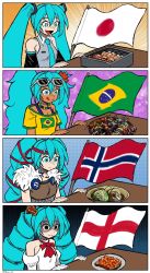 1girl beans_on_toast brazilian_flag brazilian_miku churrasco english_flag english_miku food hatsune_miku japanese_flag long_hair norwegian_flag norwegian_miku sushi vocaloid