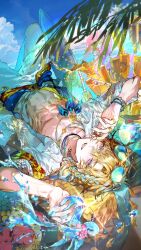  1boy abs aqua_streaks aventurine_(honkai:_star_rail) aventurine_(waveflair)_(honkai:_star_rail) beach blonde_hair blue-tinted_eyewear blue_pupils blue_sky bottle bracelet braid clouds cocktail hawaiian_shirt highres honkai:_star_rail honkai_(series) jewelry kkuekkue_(chifer1958) looking_at_viewer male_focus male_swimwear multicolored_hair multiple_necklaces necklace official_alternate_costume pink_eyes ring shirt sky solo streaked_hair surfboard tinted_eyewear water white_male_swimwear yellow-framed_eyewear 