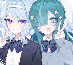 2girls absurdres alternate_costume black_jacket blue_bow blue_bowtie blue_eyes blue_hair blush bow bowtie cardigan closed_mouth collared_shirt commentary_request fingernails genshin_impact green_hair grey_cardigan hair_over_one_eye hairband hand_up highres ikawa_(rpvn5475) jacket lapels multiple_girls notched_lapels odette_(genshin_impact) open_mouth shirt smile upper_body v violet_eyes vodyanitsa_(genshin_impact) white_hairband white_shirt 