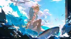  1boy absurdres aqua-tinted_eyewear aventurine_(honkai:_star_rail) aventurine_(waveflair)_(honkai:_star_rail) beach_umbrella bird blonde_hair blue_sky bracelet choker commentary_request genren_jiu_qu hawaiian_shirt highres honkai:_star_rail honkai_(series) jewelry male_focus male_swimwear multiple_views necklace ocean official_alternate_costume open_clothes open_shirt seagull shirt shorts sky solo surfboard surfing tinted_eyewear umbrella water white_male_swimwear white_shorts yellow-framed_eyewear 
