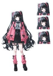  >:( 1girl :d ^_^ absurdres altalune arms_at_sides badge belt black_belt black_bow black_eyes black_hair black_nails black_ribbon black_shoes black_skirt blunt_bangs blunt_ends bow bow_legwear cardigan center_frills closed_eyes closed_mouth collared_shirt commentary dress_shirt english_commentary expressionless facing_viewer footwear_bow frilled_shirt frills frown full_body furrowed_brow hair_bow hair_intakes happy heart heart_o-ring high-waist_skirt highres jirai_kei kneehighs light_blush long_hair looking_at_viewer loose_socks multiple_expressions nail_polish neck_ribbon o-ring o-ring_thigh_strap open_cardigan open_clothes open_mouth original pink_bow pink_cardigan pink_socks pleated_skirt portrait ribbon shirt shoes sidelocks simple_background skirt sleeve_bow sleeves_past_wrists smile socks solo split_mouth standing thigh_strap two_side_up v-shaped_eyebrows very_long_hair white_background white_shirt 