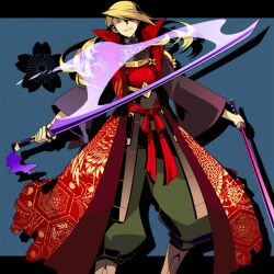  1boy armor bad_id bad_pixiv_id blonde_hair boots closed_mouth dual_wielding green_pants hair_over_one_eye holding holding_sword holding_weapon japanese_armor jinbaori katana kujura_(sekaiju) kusazuri l_(matador) looking_at_viewer male_focus one_eye_covered pants sekaiju_no_meikyuu sekaiju_no_meikyuu_3 shadow solo standing sword weapon wide_sleeves 